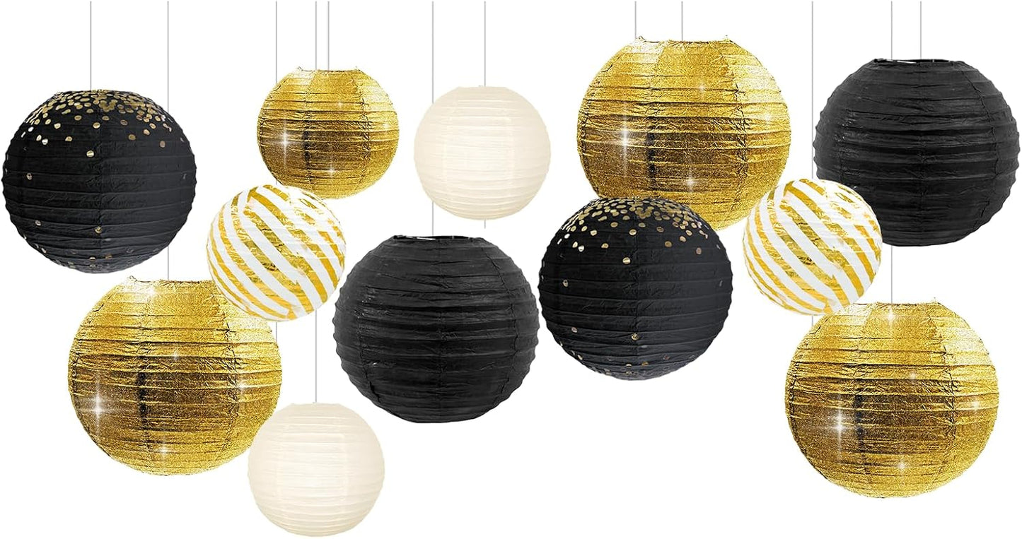 NICROLANDEE Black Gold Party Supplies - 12PCS Black and Gold Metallic Foil Paper Lanterns Decorative for Wedding, Graduation, Birthday, Baby Shower, Retirement, New Years Eve Party 2026