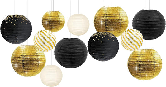 NICROLANDEE Black Gold Party Supplies - 12PCS Black and Gold Metallic Foil Paper Lanterns Decorative for Wedding, Graduation, Birthday, Baby Shower, Retirement, New Years Eve Party 2026