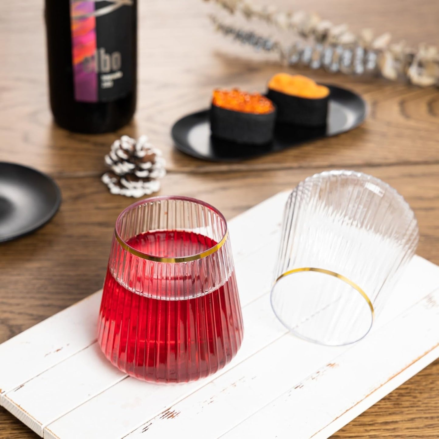 N9R 24 Count 12oz Clear Plastic Wine Cups with Gold Rim - Elegant Origami Ripple Design, Shatterproof & Disposable for Whiskey, Cocktail, Champagne, Parties, Weddings, Events