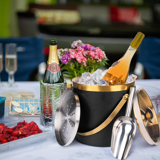 3L Double-Wall Insulated Stainless Steel Ice Bucket with scoop for Cocktail Bar - Metal Ice Bucket for freezer with Lid for parties,ice holder,champagne bucket,bar cart accessories (black)
