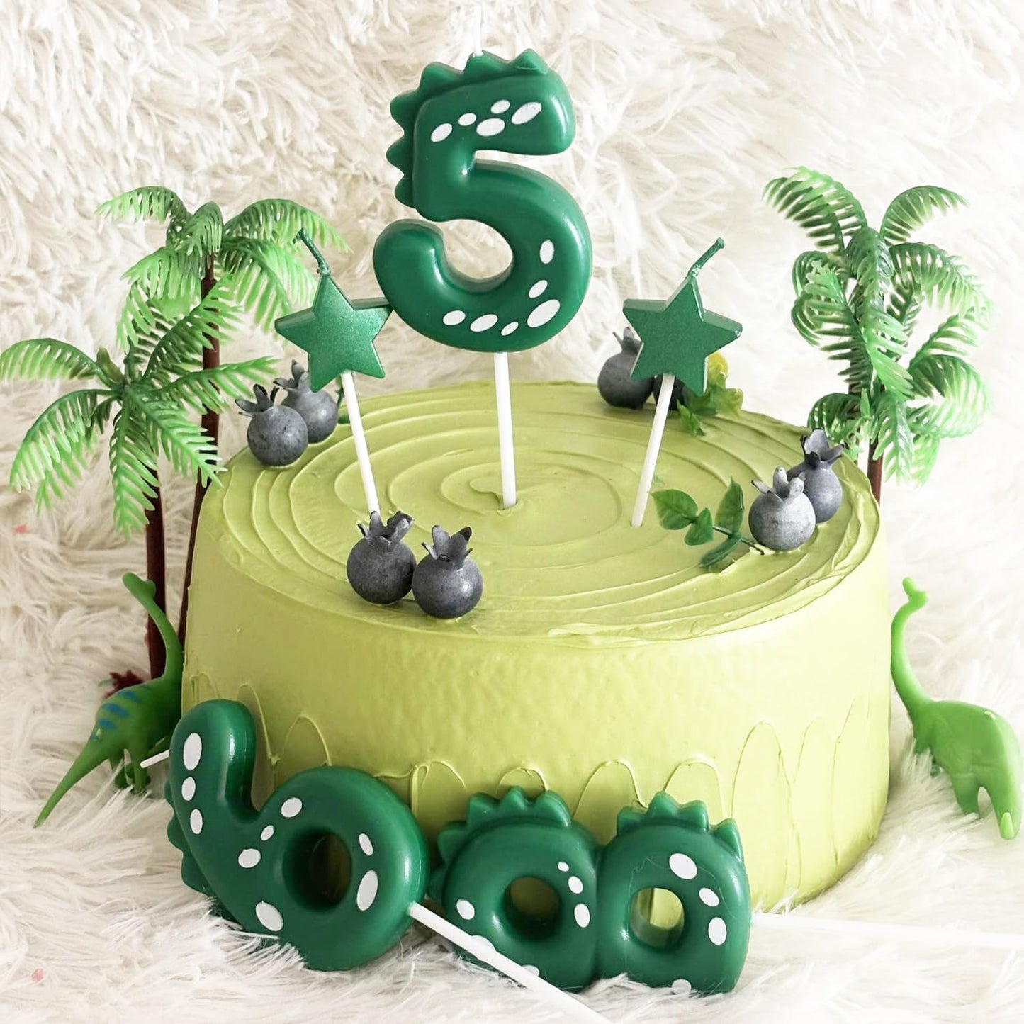 2.75 Inch Green Dinosaur Shaped 5 Number Birthday Candles and Star Birthday Candles,Suitable for Dinosaur Birthday Decorations & Themed Parties Celebration