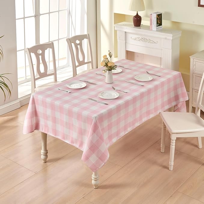 BALCONY & FALCON Rectangle Gingham Table Cloth – Water-Resistant Cotton Blend, Spill-Proof & Washable Checkered Tablecloth for Kitchen, Dining, Picnic, Party (Pink White, 55x71 Inch)