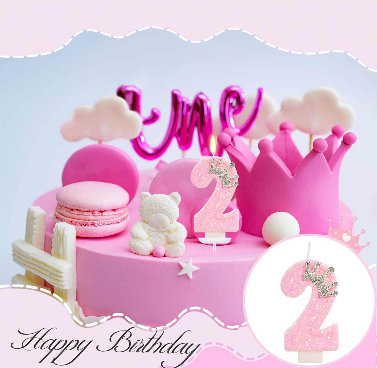 Birthday Candle for Cake, Crown Pink Number Candles, 2.76 inch Cake Topper Decoration for Birthday Party (Number 2)