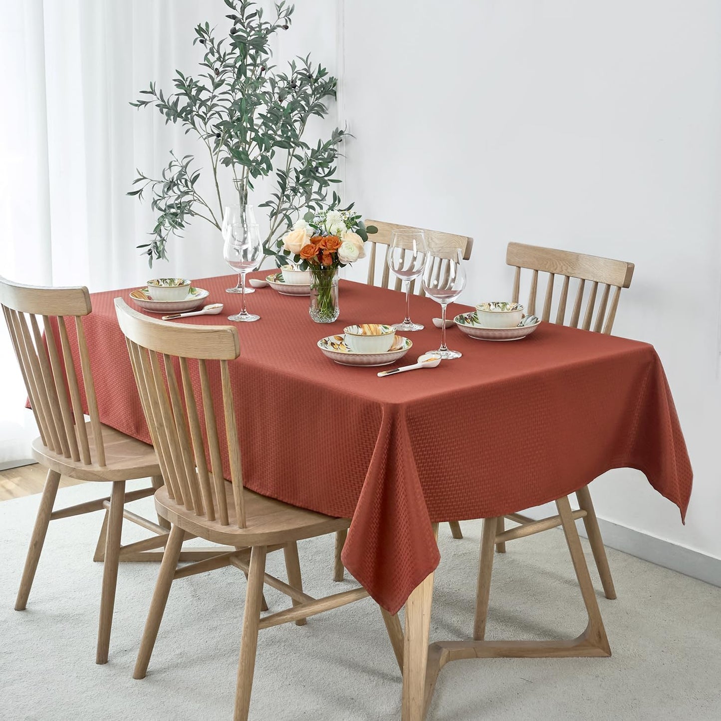 maxmill Weaved Texture Rectangle Tablecloth Wrinkle Free Spill-Proof, Soft Fall Table Cloth for Thanksgiving Parties Harvest Holiday Dinner, Halloween Decoration, 52 x 84 Inch Rustic Brick