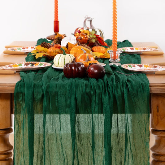 Emerald Green Cheesecloth Table Runner 10 Pack Fall Table Runners Boho Gauze 120 Inches Green Cheese Cloth Fall Table Decorations for Thanksgiving Wedding Bridal Baby Shower Tea Party