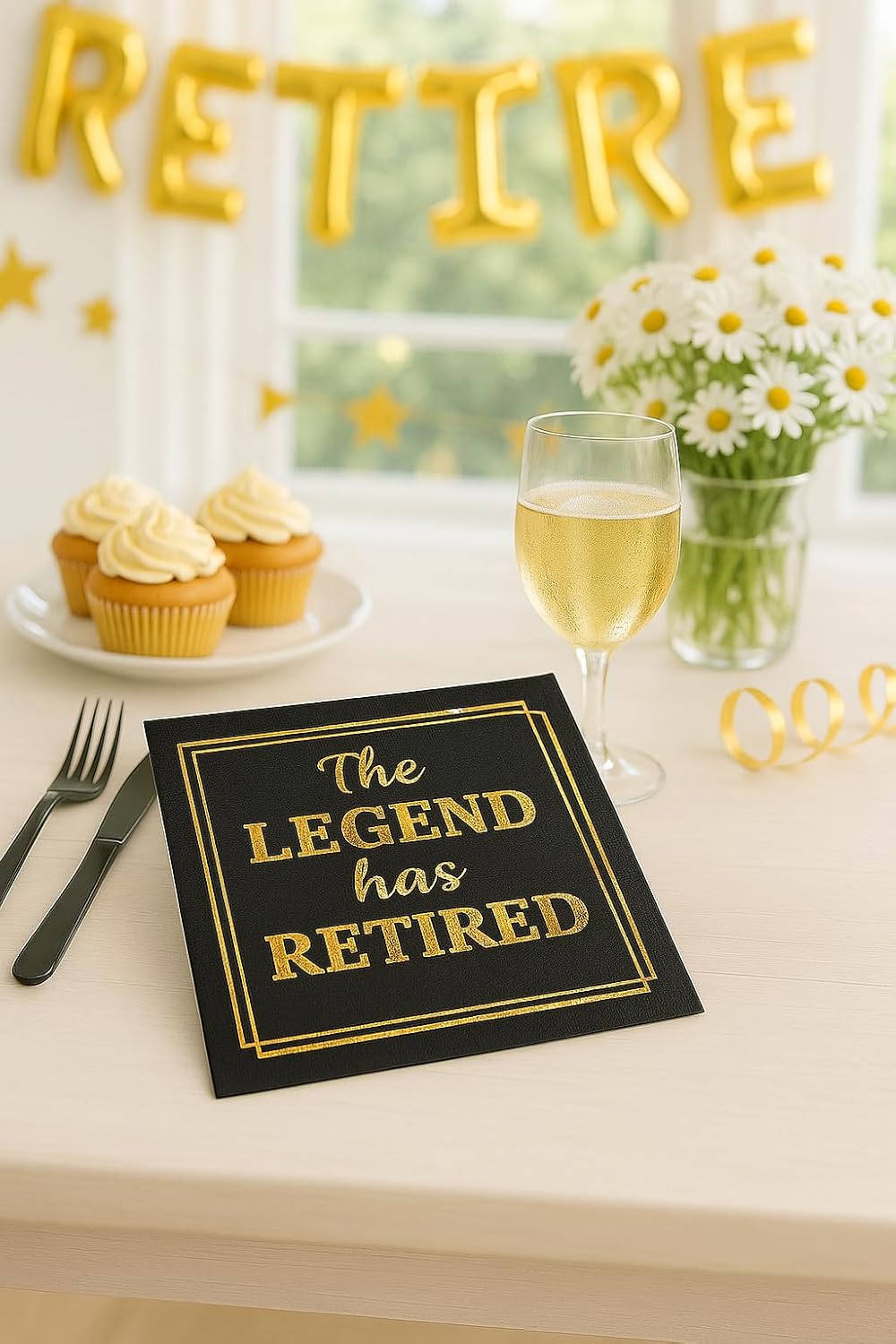 50‑Pack ‘The Legend Has Retired’ Black & Gold Napkins – 2‑Ply Cocktail, Lunch & Dinner Party Napkins – Elegant, Disposable Retirement Party Decoration – 6.5″ x 6.5″ Folded (Large, 50, Pack)