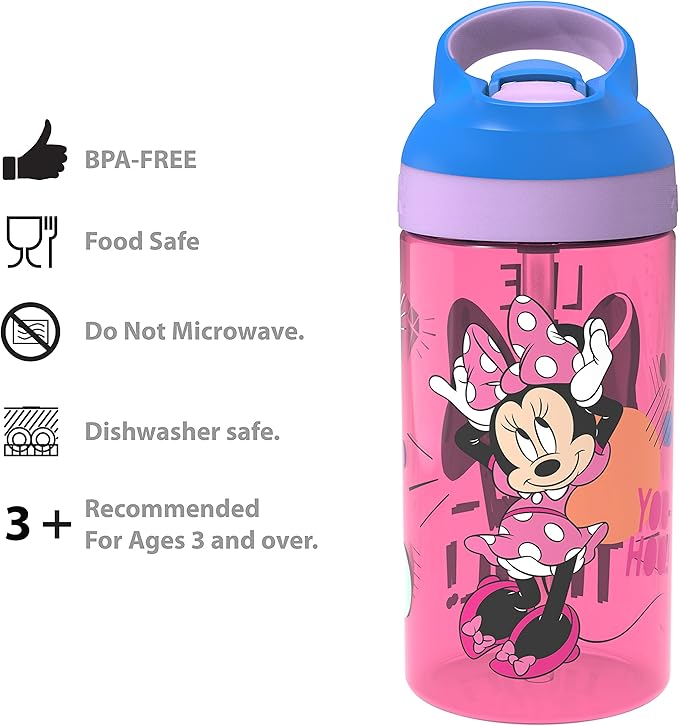 Zak Designs 5-Piece Dinnerware Set, Disney Minnie Mouse - Durable Plastic & Stainless Steel - Includes Water Bottle, 8-Inch Plate, 6-Inch Bowl, Fork & Spoon - Suitable for Kids Ages 3+