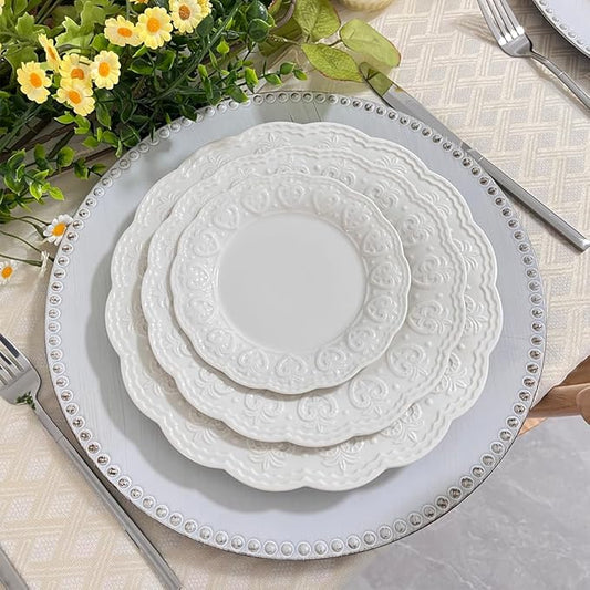 White Charger Plates with Beaded Rim, 13" Vintage Round Charger for Dinner Plates, Set of 6 Plastic Plate Chargers for Wedding Table Setting,Party Decoration.