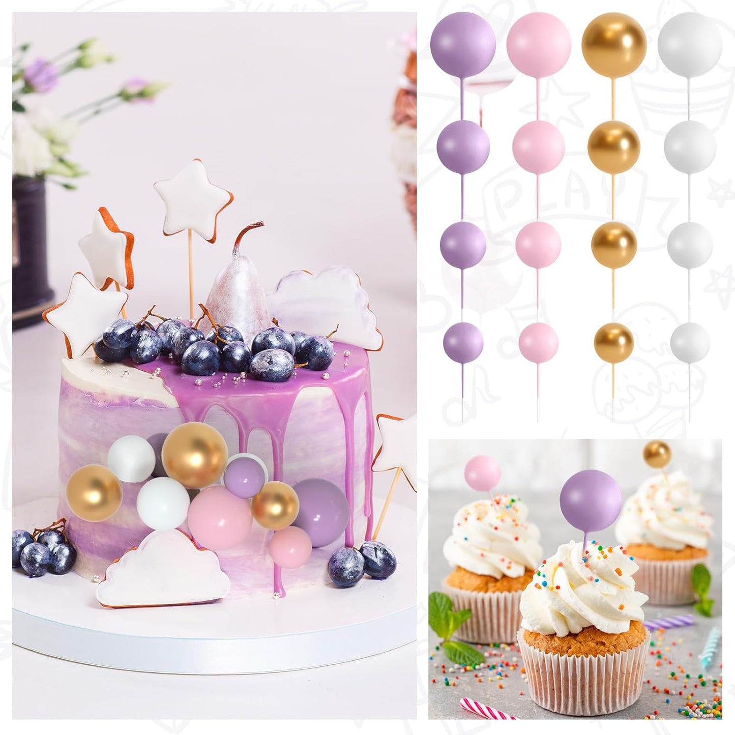 138 Pcs Balls Cake Topper Decorations Balloon Cupcake Toppers Foam Multisize Cake Topper Balls for Birthday Party Wedding Anniversary(Pink,Purple,White,Gold)