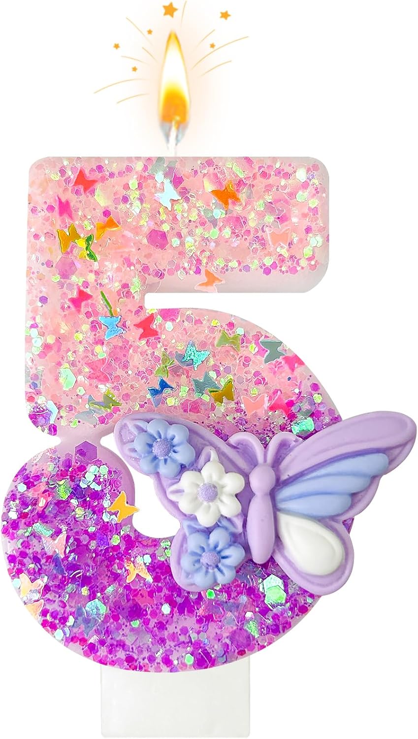 HXOUSE Butterfly Number 5 Birthday Candles - Pink & Purple Butterfly Birthday Candles for Cake, 5 Candle Topper for Anniversary Celebrations Supplies, Fairy Party Decorations for Girl (Number 5)