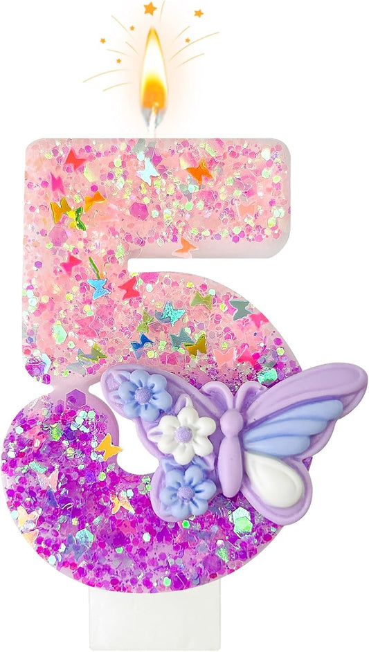 HXOUSE Butterfly Number 5 Birthday Candles - Pink & Purple Butterfly Birthday Candles for Cake, 5 Candle Topper for Anniversary Celebrations Supplies, Fairy Party Decorations for Girl (Number 5)
