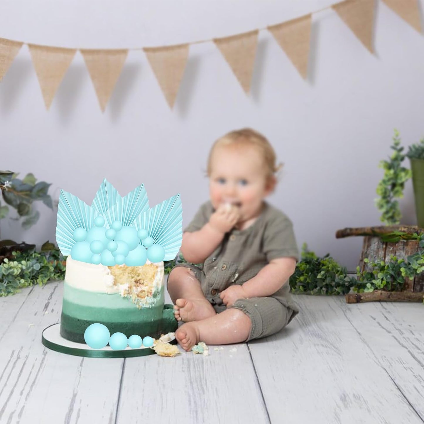 Ephlyn 28Pcs Paper Palm Fan Cake Topper Balls Cake Pick for Baby Shower Wedding Bridal Shower Birthday Anniversary Party DIY Cake Decorations Supplies Light Blue