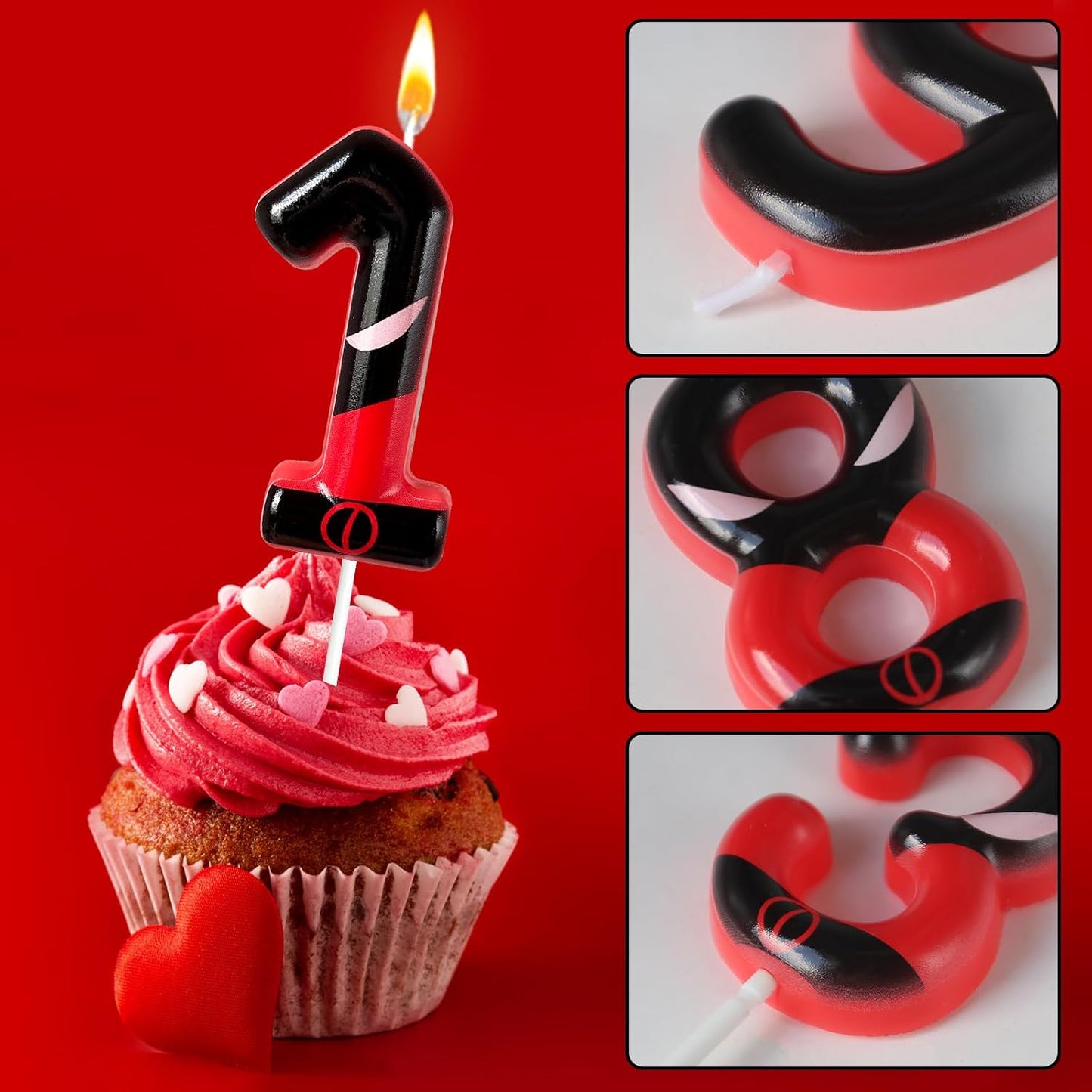 Black Red Mask Number 1 Birthday Candles - Comic Themed Cake Topper for Birthday Decorations Supplies, 1 Candle Party Favors (Number 1)