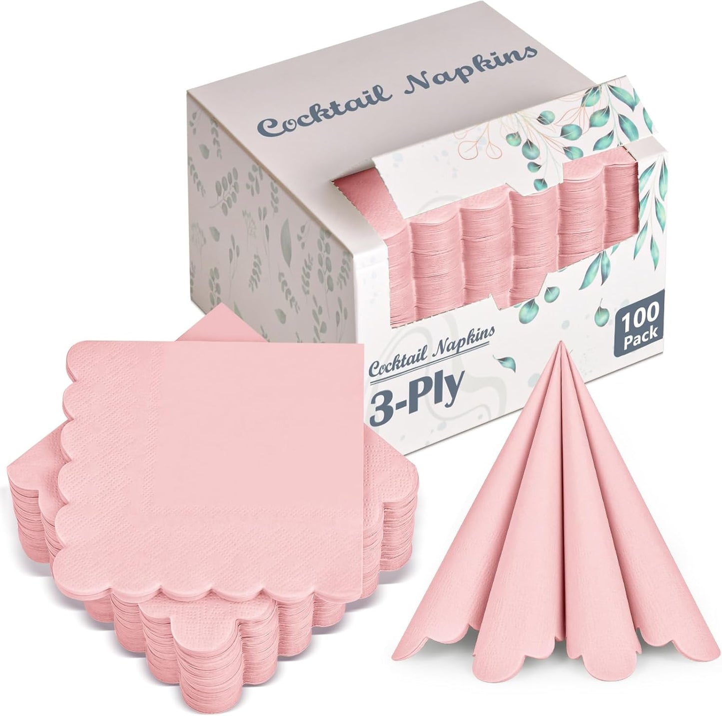 100 Pack Cocktail Napkins, 3-Ply Scalloped Edged Wedding Napkins Folded 5 x 5 Inches Dessert Napkins, Disposable Napkins for Dinner Birthday Party Bridal Anniversary Baby Shower Reception (Pink)