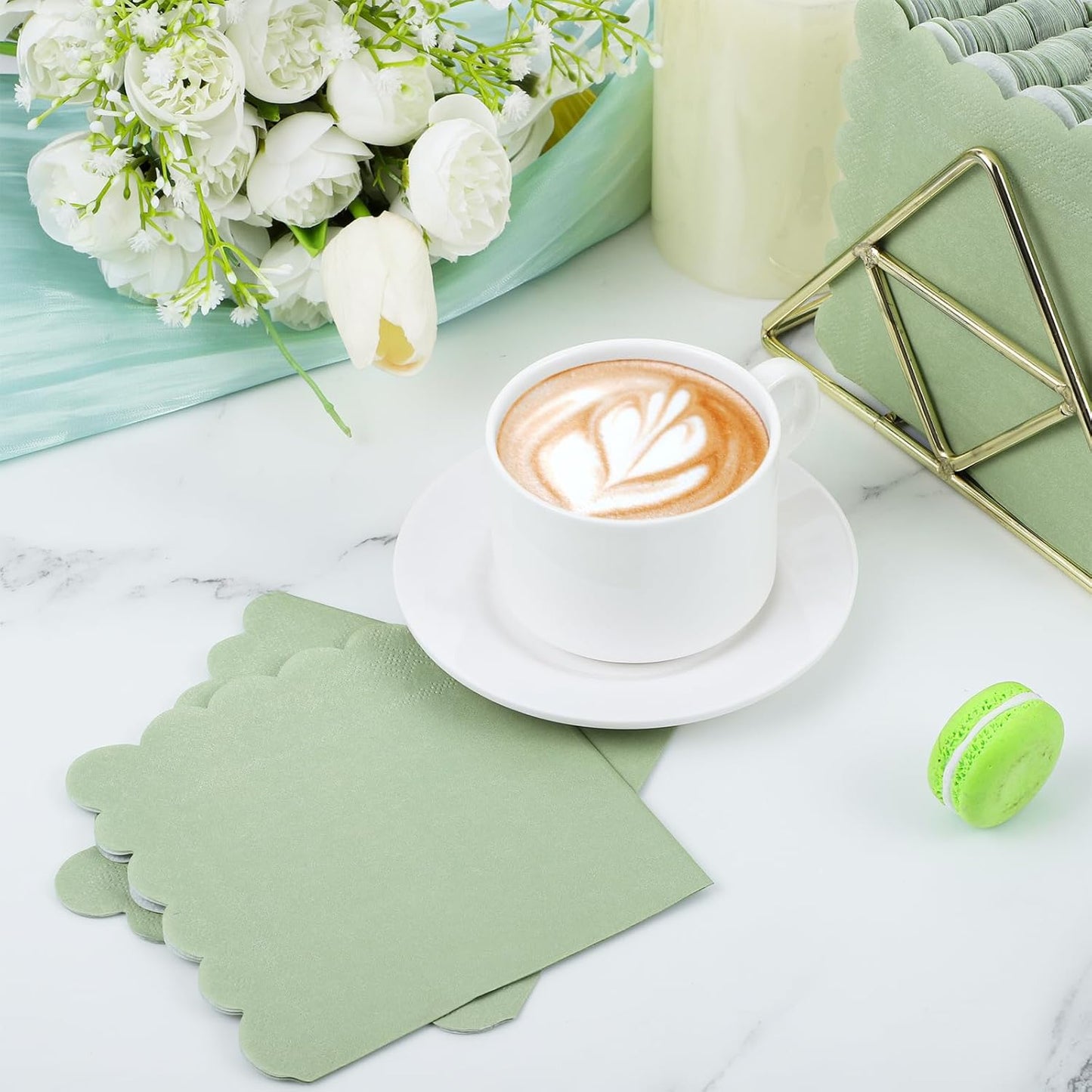 120 Pcs Cocktail Napkins Sage Green Wedding Napkins Disposable Baby Shower Scalloped Napkins for Bridal Shower, Birthday, 5 x 5 Inch