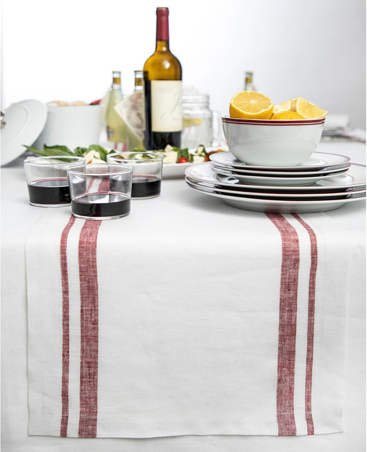 Solino Home Linen Table Runner 120 Inches Long - French Stripe, 100% Pure Linen Burgundy and White Farmhouse Table Runner 16 x 120 Inch Ideal for Dining, Fall, Autumn, Thanksgiving