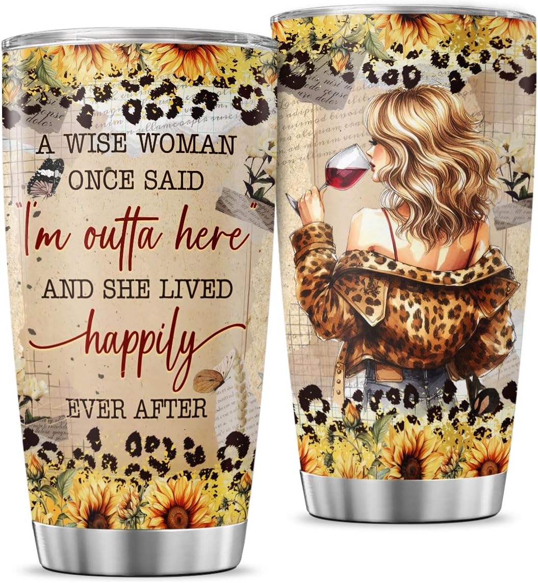Retirement Gifts for Women 2025, A Wise Woman Once Said I'm Outta Here Cup, 20oz Stainless Steel Tumbler with Floral Wine Design, Funny Goodbye Gift for Coworkers, Friends, Sisters
