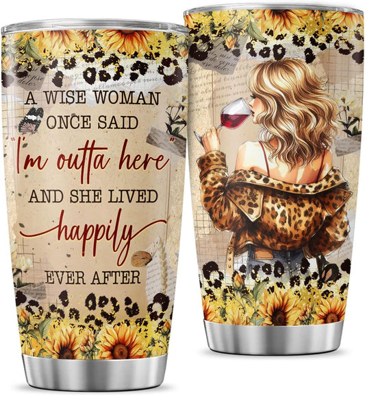 Retirement Gifts for Women 2025, A Wise Woman Once Said I'm Outta Here Cup, 20oz Stainless Steel Tumbler with Floral Wine Design, Funny Goodbye Gift for Coworkers, Friends, Sisters