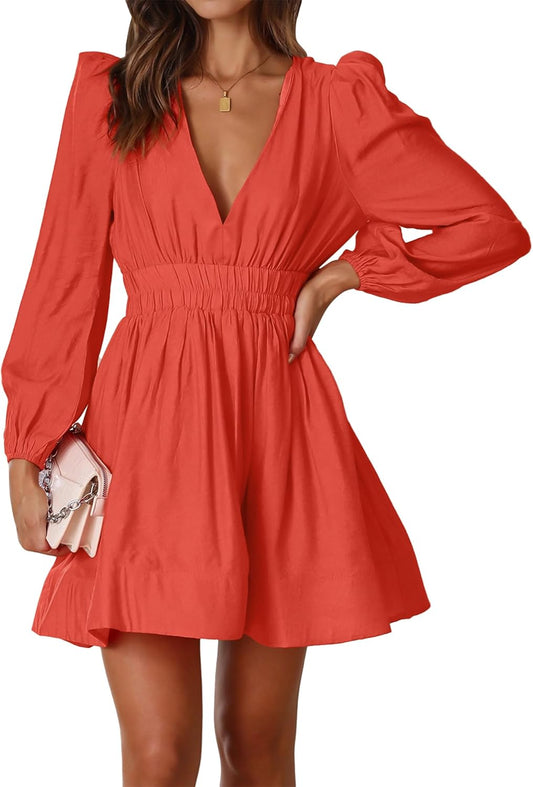 FAIABLE Mini Deep V Sexy Long Sleeve Dress for Women A-line High Waisted Casual Flowy Dress for Cocktail Wedding Guest