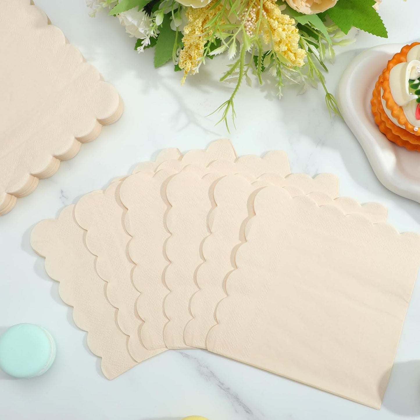 120 Pcs Ivory Cocktail Napkins Scalloped Beige Napkins Disposable Cream Dessert Beverage Napkin for Thanksgiving, Wedding, Baby Bridal Shower, Birthday