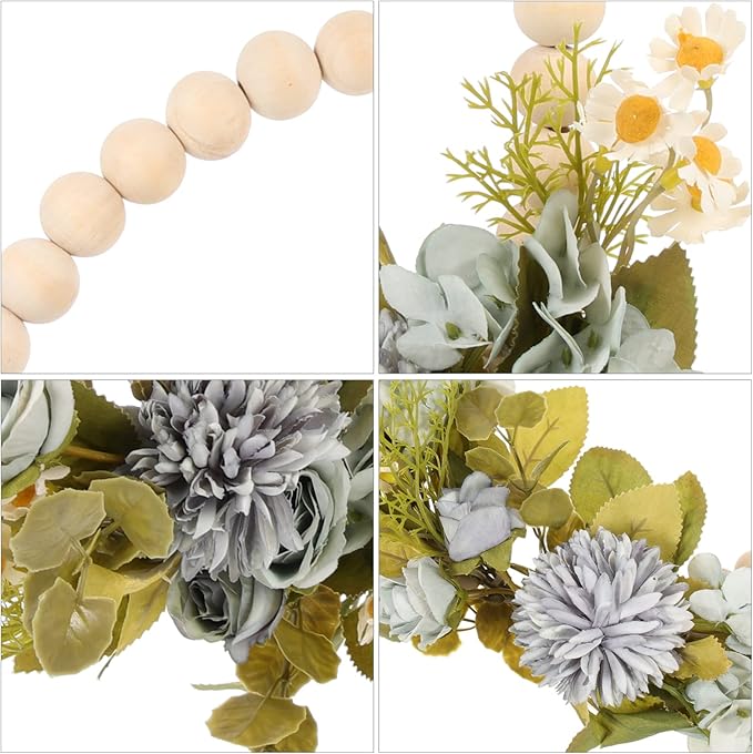 DECHOUS Wood Bead Garland Floral Hoop Wreath Wall Hanging Decor Artificial Flower with Eucalyptus Leaves Hanging Hoop Wreath for Thanksgiving Xmas Wedding Arch Backdrop Door Dark Blue