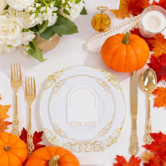 Ciaell 300PCS White and Gold Plastic Plates - Gold Disposable Dinnerware Sets for 50 Guests - 100 Plates, 50 Knives, 50 Forks, 50 Spoons, and 50 Napkins for Wedding, Anniversary, Party & Thanksgiving
