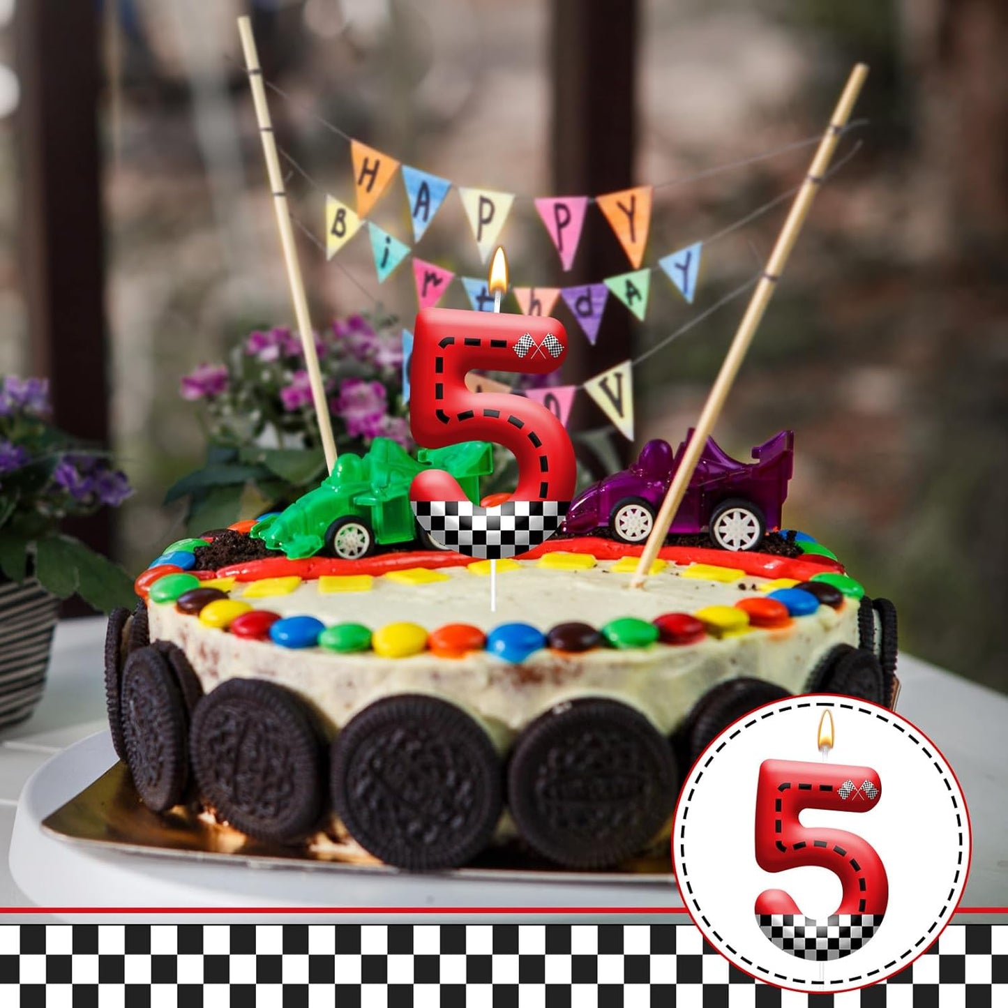 Racing Car Theme Birthday Candle with Checkered Flag Design - Durable Cake Topper for Race Car Party Decorations,Birthday Supplies - Number 5 Candle for Racing Themed Celebrations
