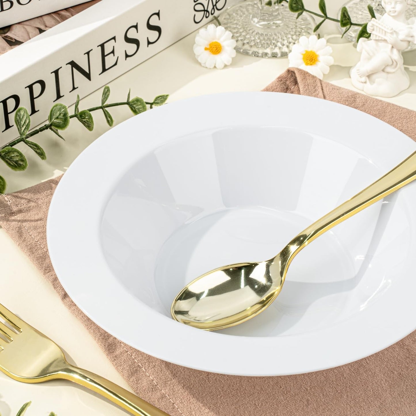 BESTVIP 200PCS White Plastic Bowls, 12 Oz Disposable Bowls Disposable Bowls for Christmas, Thanksgiving, Parties, Wedding, Soak Proof Bowls for Breakfast, Lunch, and Dinner Meals