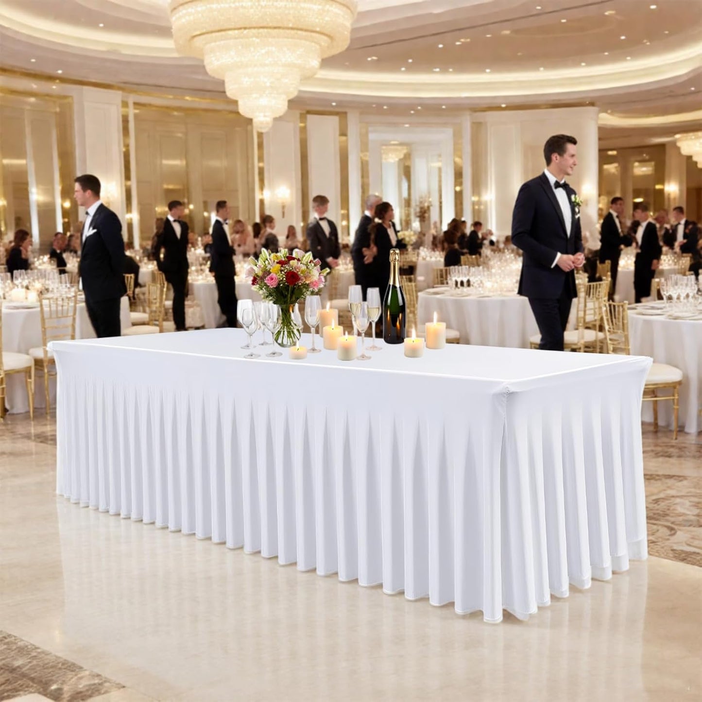 3 Pack White Spandex Tablecloths, Stretch Fitted 6ft Table Cover (120 Inch) with Skirt, Wrinkle Free for Weddings, Parties, Banquets, Dining Fits 6 Foot Rectangle Tables
