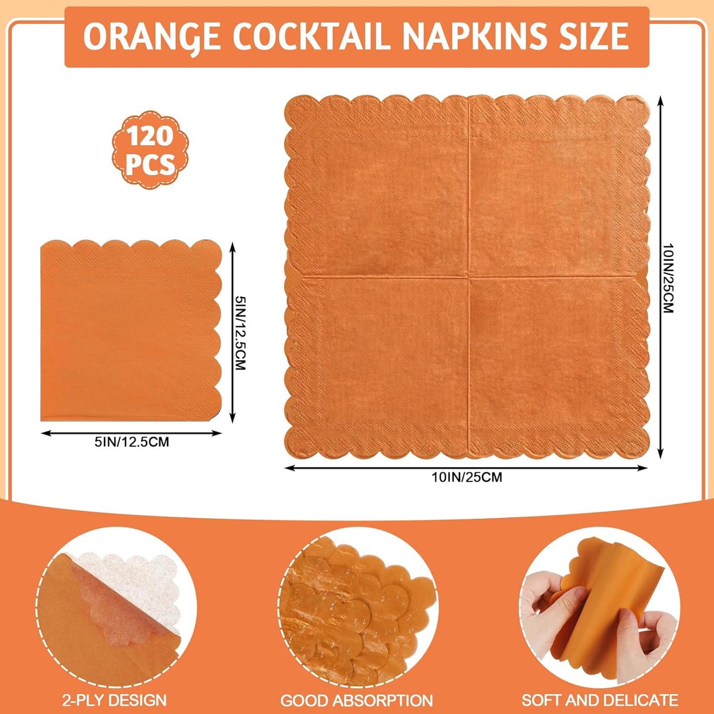 120 Pcs Orange Napkins,Scalloped Thanksgiving Fall Napkins Disposable Orange Dessert Beverage Napkin Burnt Cocktail Napkin for Fall, Thanksgiving，Birthday, 5 x 5 Inch