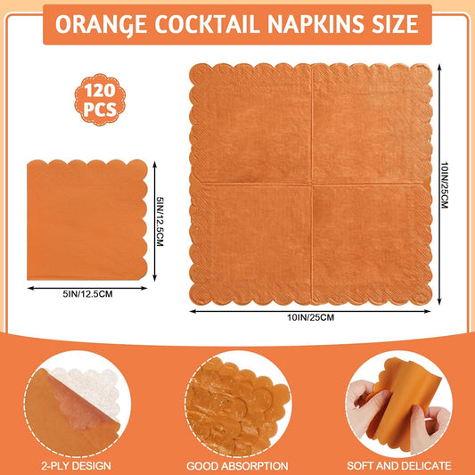120 Pcs Orange Napkins,Scalloped Thanksgiving Fall Napkins Disposable Orange Dessert Beverage Napkin Burnt Cocktail Napkin for Fall, Thanksgiving，Birthday, 5 x 5 Inch