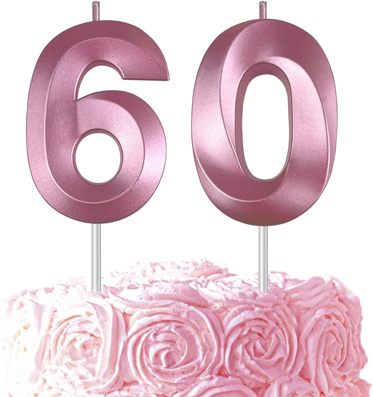 Pink Number 60 Candles, 3D Diamond 2.76 Inch Cake Topper Birthday Candles for Wedding Anniversary Cake Decorations, Happy Birthday Party Decorations