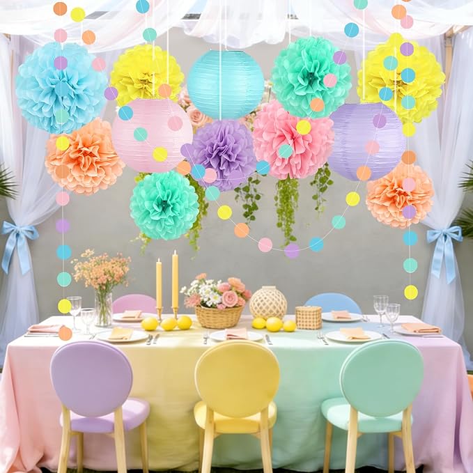 14 Pcs Pastel Party Decorations Kit - Macaron Tissue Paper Pom Poms, Lanterns & Polka Dot Garland for Girls Birthday, Baby Shower, Unicorn Ice Cream Donut Theme, Easter & Classroom Decor