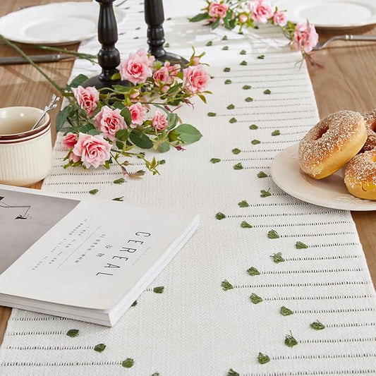 Wracra Boho Table Runner, Natural Cotton Woven Macrame Table Runners 72 Inches Long for Modern Farmhouse Woven Home Decor, 14x72 Inch, Green