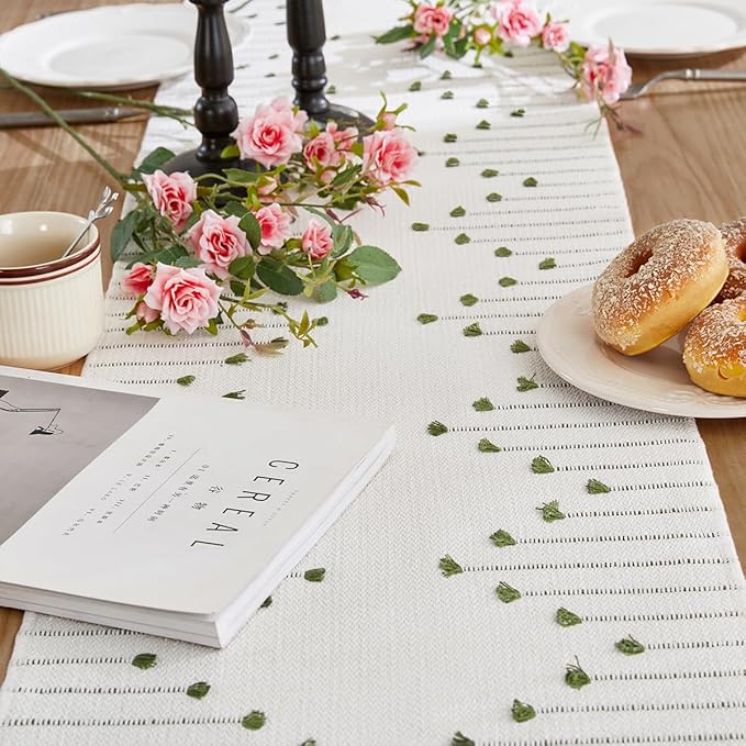 Wracra Boho Table Runner, Natural Cotton Woven Macrame Table Runners 48 Inches Long for Modern Farmhouse Woven Home Decor, 14x48 Inch, Green
