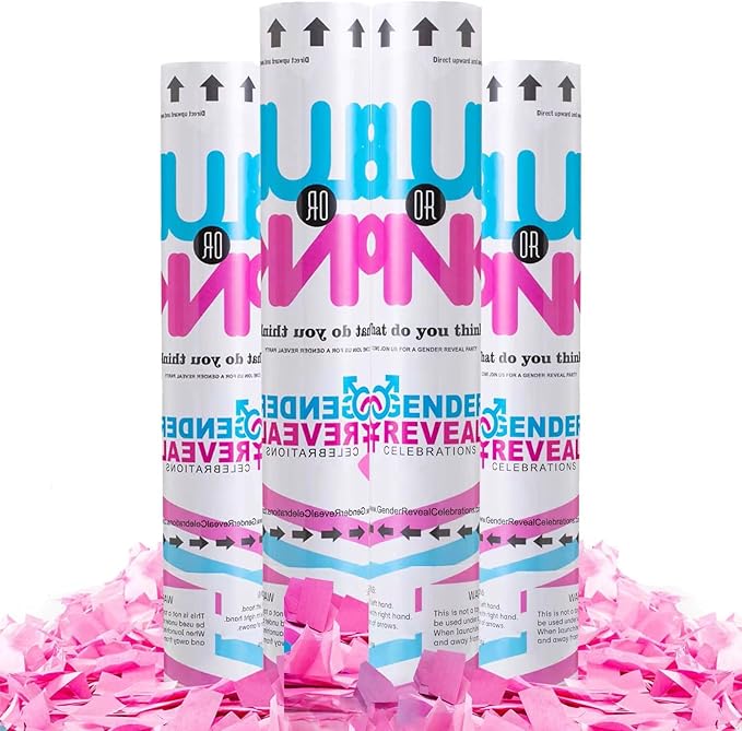 Gender Reveal Cannons - Girl Surprise! Set of 4 Biodegradable Confetti, 12 Inches Pink Confetti Cannon, Easy to Use Indoor & Outdoor Gender Reveal Cannon with Matching Stickers