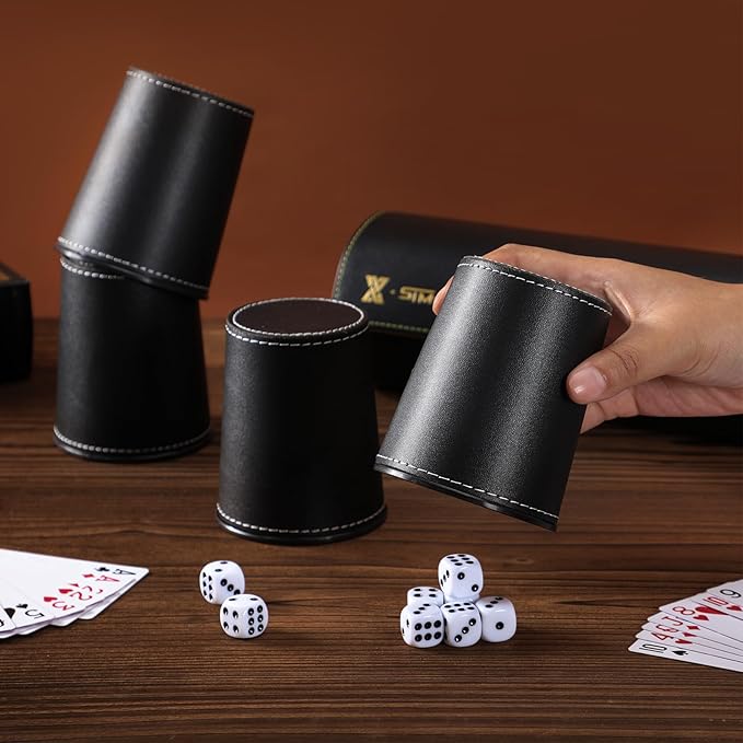 5X Dice Cup Set, PU Leather Dice Shaker Cups with 30 Dices for Bar Party Yahtzee Farkle Dice Games, Coffee (5, Black)