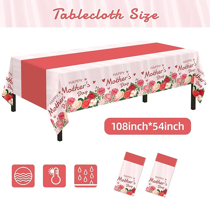 Childom 2 Pack Mothers Day Tablecloth,Mother's Day Party Decorations,54" x 108" Plastic Disposable Tablecloths for Rectangle,Plastic Table Covers for Mom Birthday Party Supplies Holiday Buffet Table