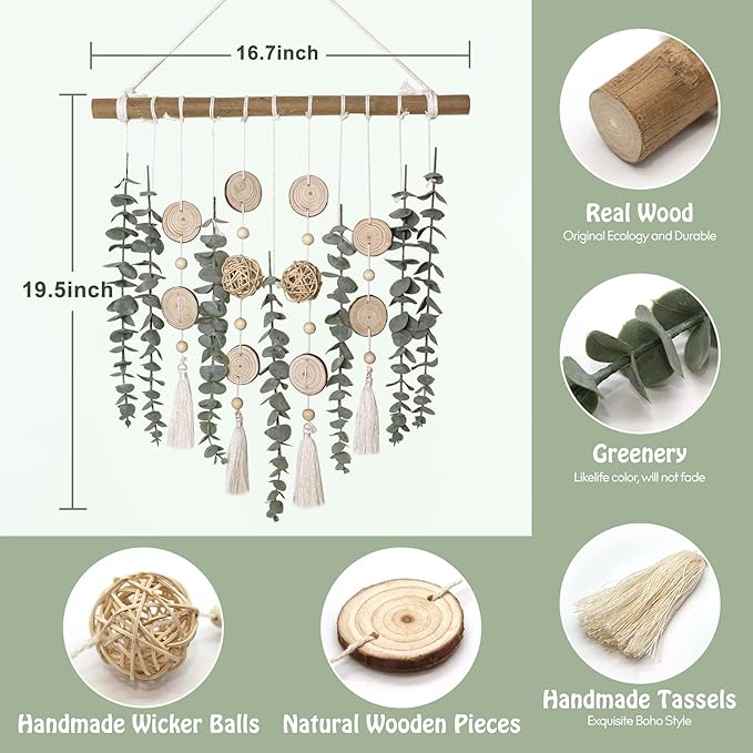 Bathroom Decor Artificial Eucalyptus Greenery Hanging Wall Decor Faux Eucalyptus Leaves Hanging Plant on Wooden Stick with Wicker Ball Rustic Farmhouse for Bedroom Nursery Boho Wall Decorations