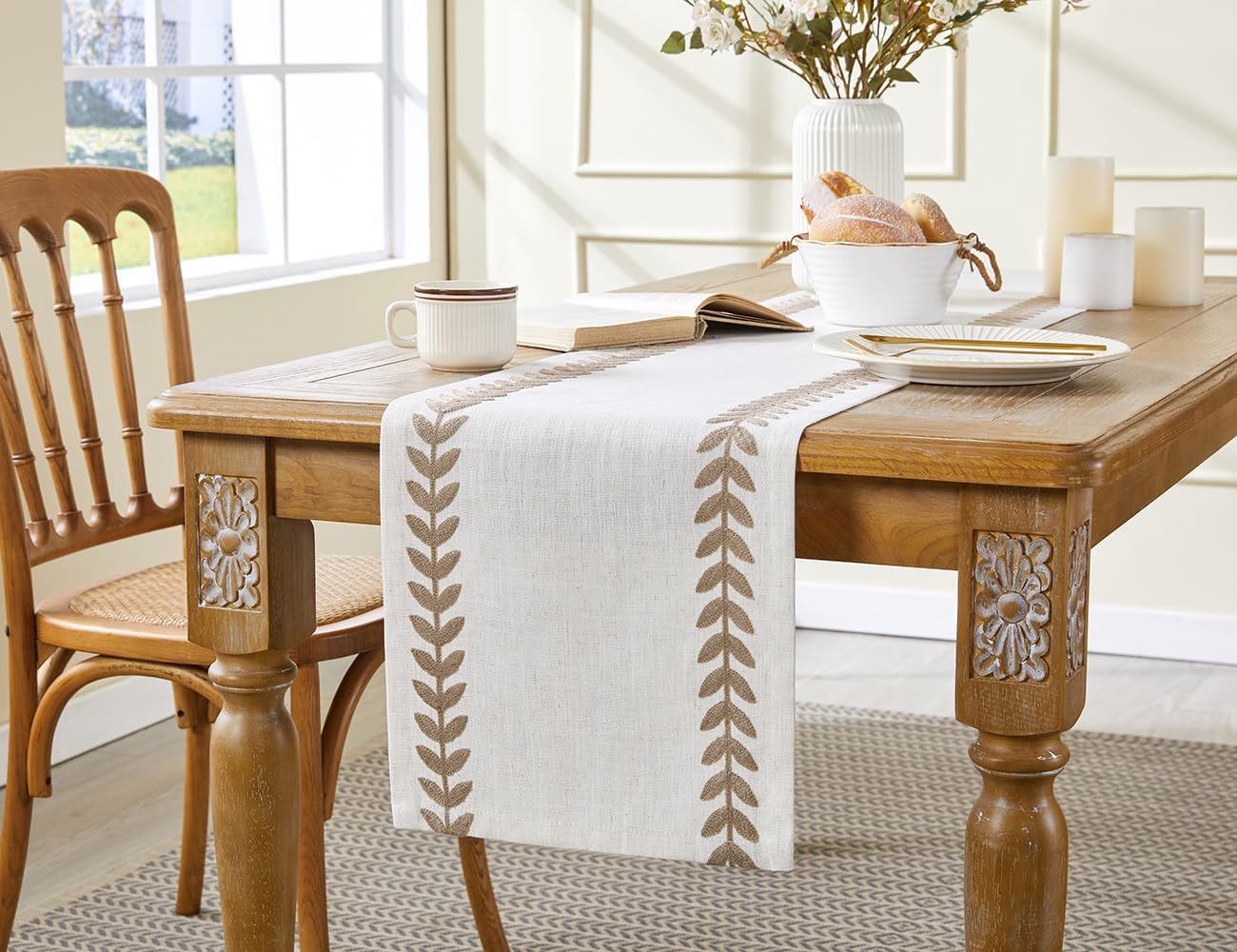 Wracra Embroidered Fall Table Runner Irregular Willow Leaf Table Runners 72 Inches Long for Dresser Home Dining Table Decor,14 x 72 Inch, Taupe