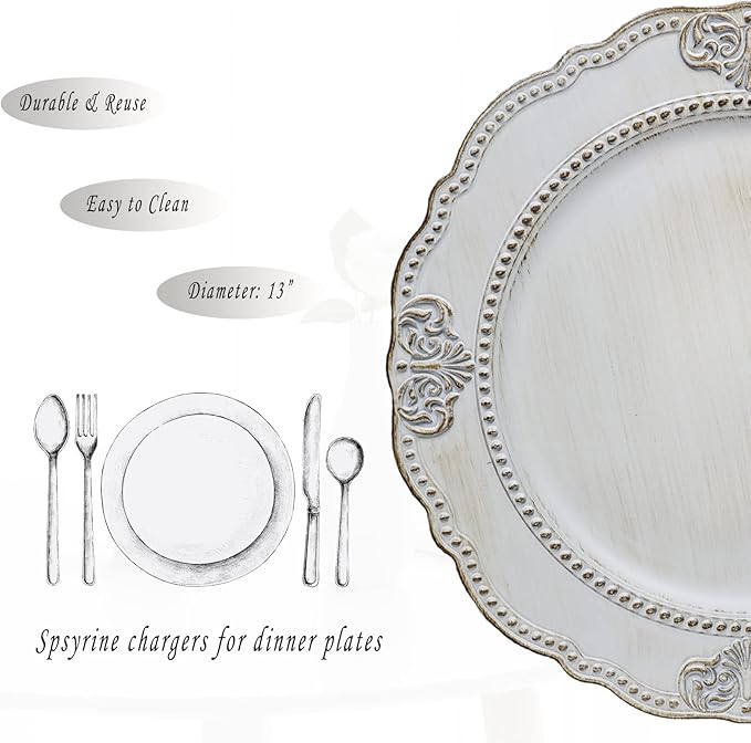 Spsyrine Antique White Charger Plates, Set of 6 Embossed Baroque Chargers for Dinner Plates, Wedding, Party