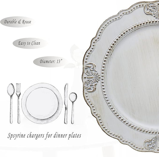 Spsyrine Antique White Charger Plates, Set of 6 Embossed Baroque Chargers for Dinner Plates, Wedding, Party