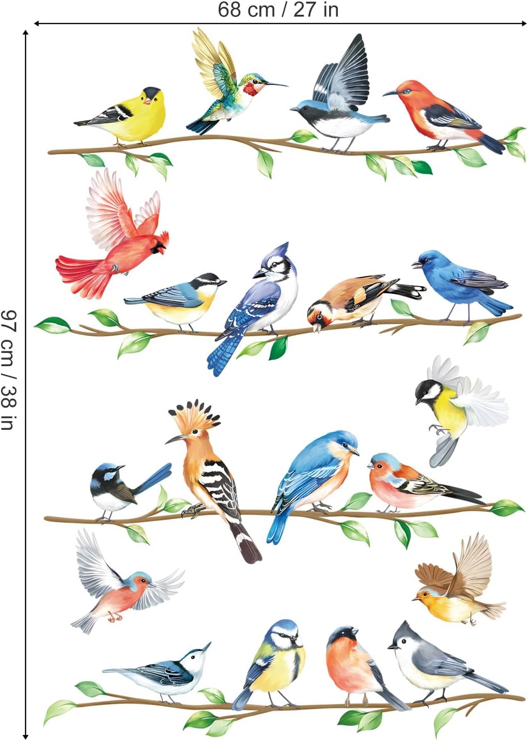 decalmile Birds on Branch Wall Decals Colorful Bird Wall Stickers Bedroom Living Room Office Kitchen Home Decor