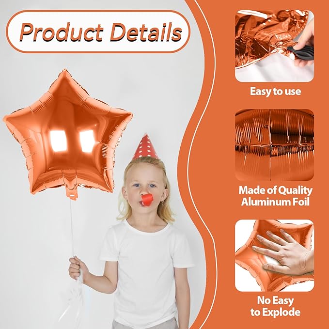 18 Inch Orange Star Foil Balloons, 10PCS Orange Foil Stars Shape Balloons, Big Metallic Stars Balloon Helium Pentagram Balloon for Birthday, Halloween, Thanksgiving Day, Fall Party Decoration