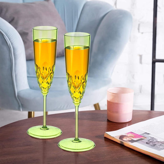 Plastic Champagne Flutes, 8 Pcs Shatterproof Reusable Fancy Crystal Clear Champagne Glasses, 5 oz Acrylic Unbreakable Elegant Party Drinking Cocktail Wine Glasses Wedding Birthday Bar Goblets Green