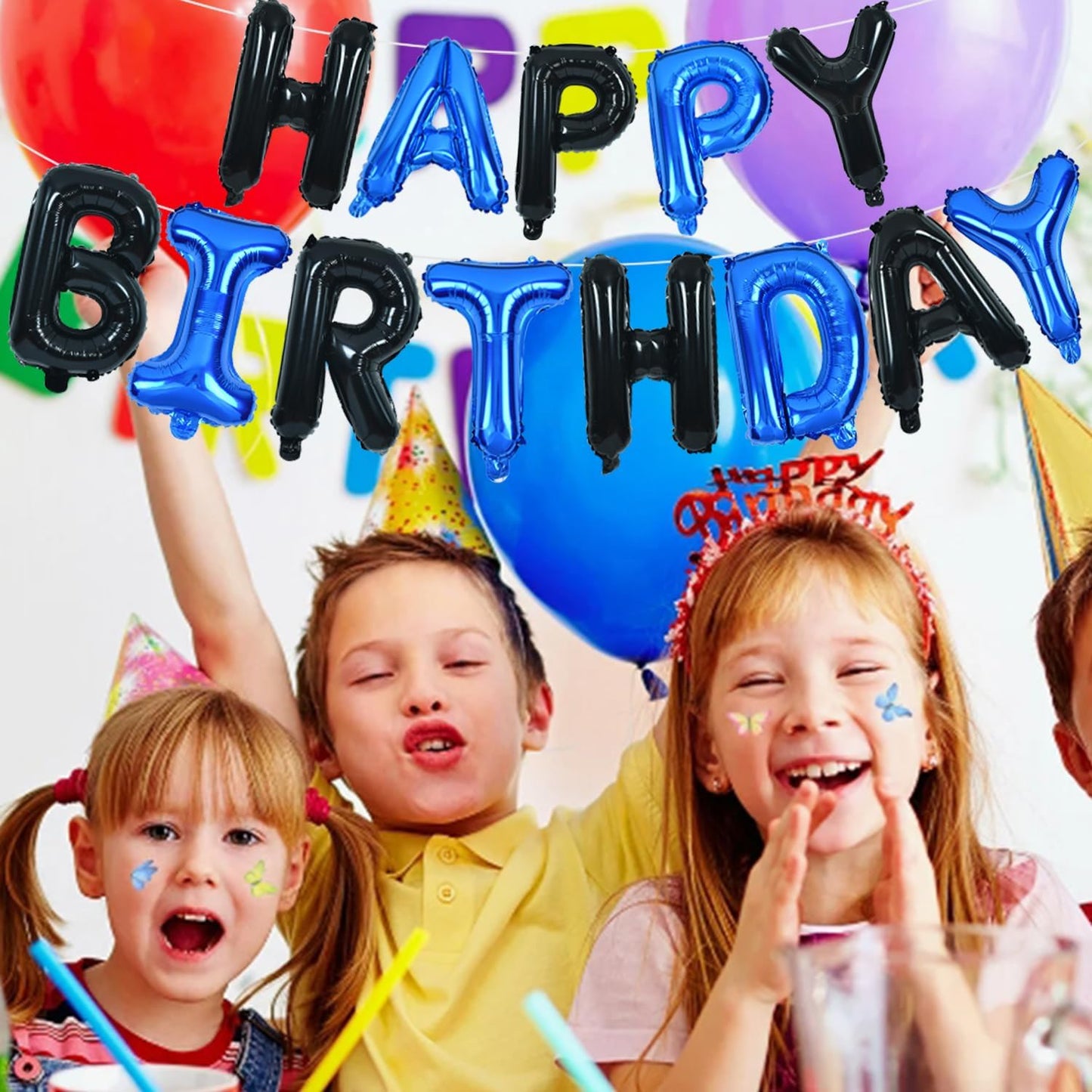 TONIFUL Happy Birthday Balloons Banner with Ribbon Straw, 16 Inch Mylar Letters Birthday Sign Banner Balloon Bunting Reusable for Girls Boys Kids & Adults Birthday Halloween Supplies（Black Blue）