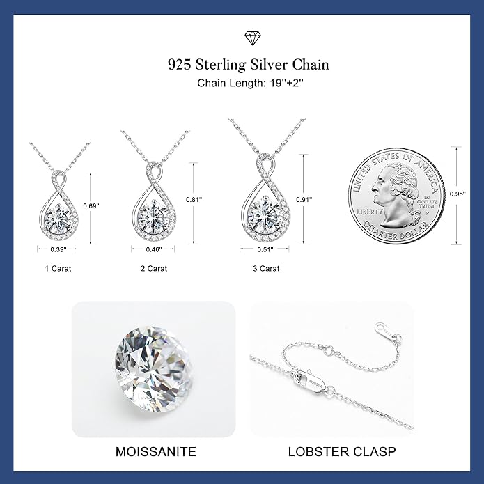 MOOSEA Valentines Day Gifts for Her - 1-3 ct Infinity Moissanite Necklace, Lab Created Moissanite 925 Sterling Silver Necklace, Anniversary Birthday Gifts for Women Wife Mom Girlfriend