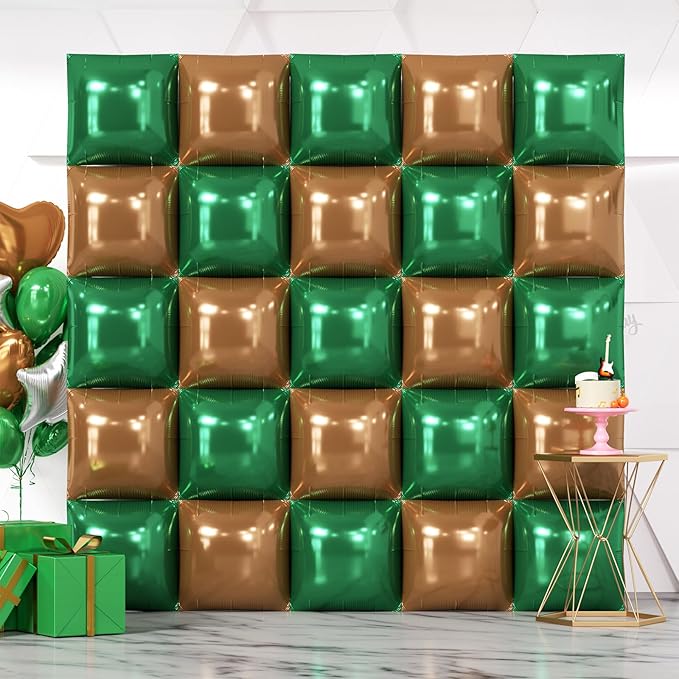 NISOCY 25PCS Dark Green and Brown Square Foll Baloons Wall Backdrop Double Sided Dark Green and Brown Balloons Arch Kit for Anniversary Birthday Thanksgiving Christmas Jungle Party Decorations