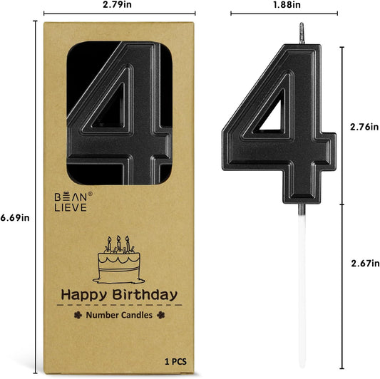 BEAN LIEVE Black Birthday Candles Number 4, Black Number Candles, Cake Number Candles for Birthday Parties and Wedding Anniversary Celebrations