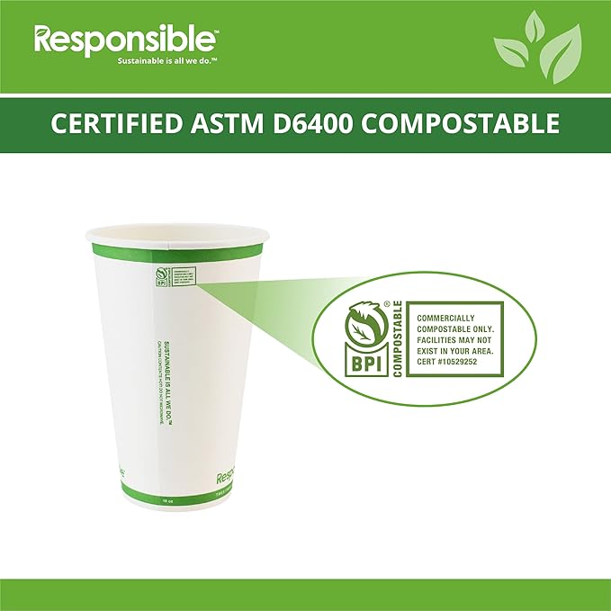 Responsible Products Certified Compostable 16 oz Paper Cups, Cold ＆ Hot Coffee Cups, Disposable Paper Cups, Extra Strength Disposable Cups, Made without PFAS (50 count)